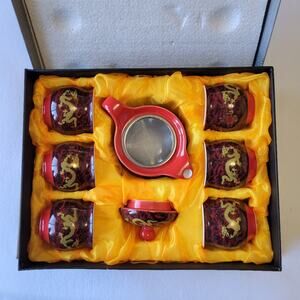 New with Box 8 Pc Chinese Tea Set 'Rare Supreme' Red w/ Dragons